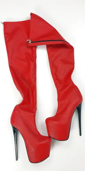 Red Back Zipper Matte High Heel Thigh High Boots