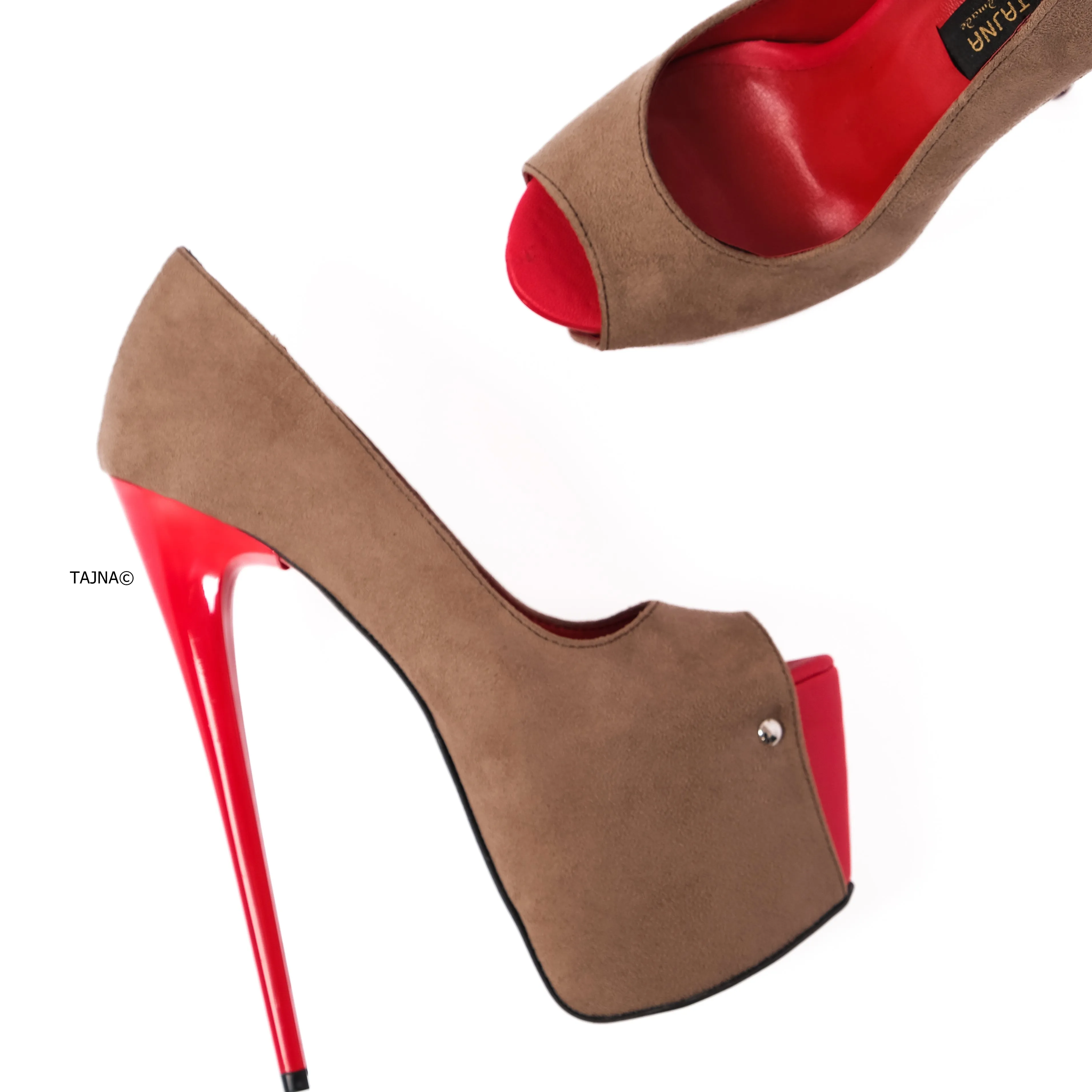 Red Detailed Beige Suede Peep Toe High Heels