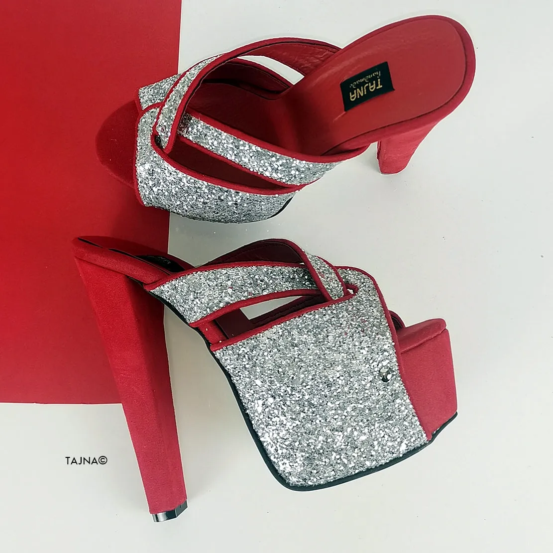 Red Silver Glitter Chunky Heel Mules