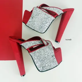 Red Silver Glitter Chunky Heel Mules