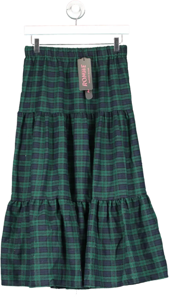 Romwe Green Tartan Midi Skirt UK M