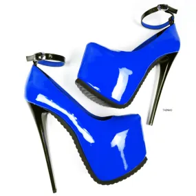 Royal Blue Gloss Serrated Sole Ankle Strap Heels