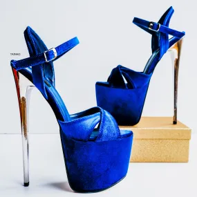 Royal Blue Velvet Metallic High Heel Sandals