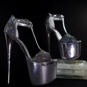 Silver Shiny Leather High Heel Sandals