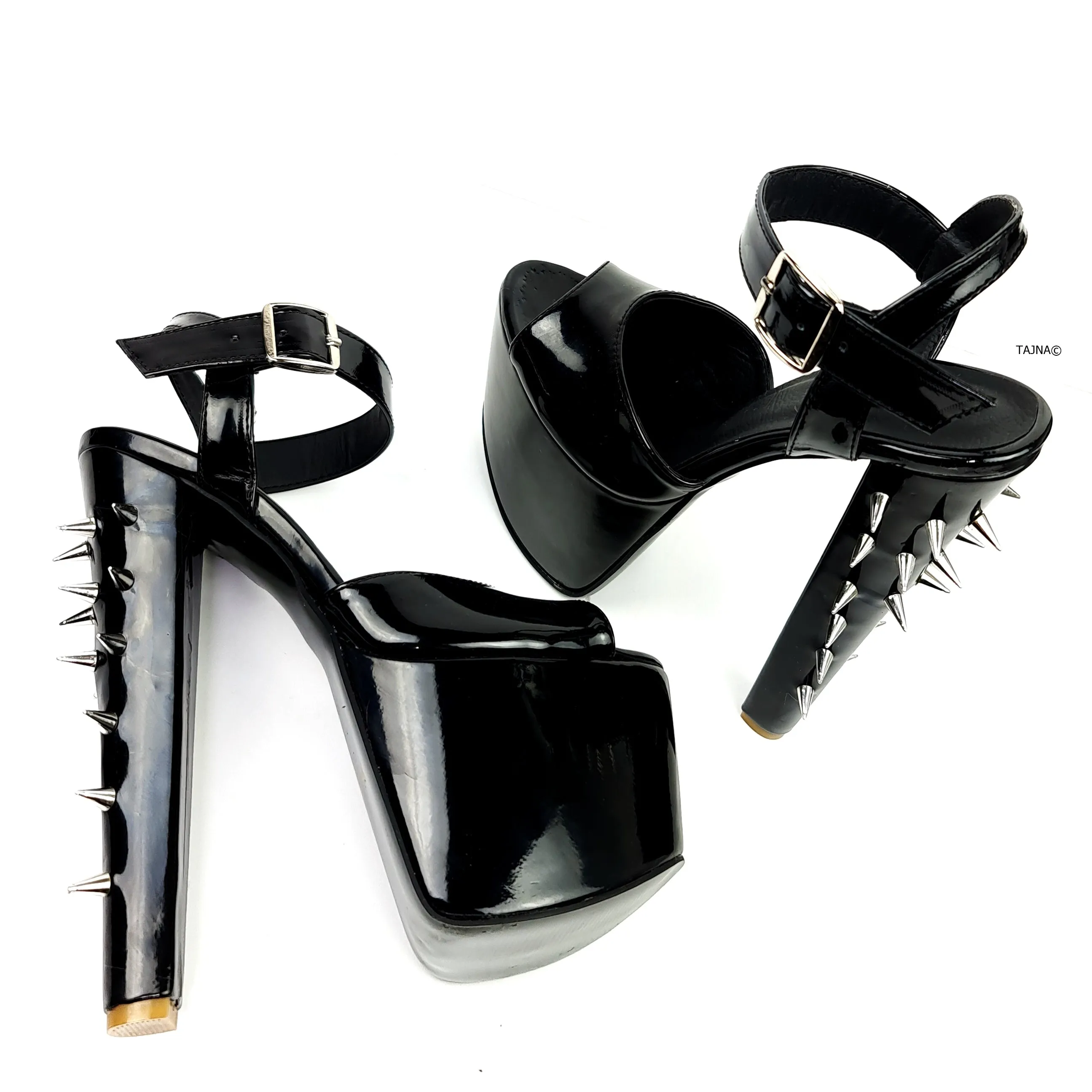 Spike Heeled Black Gloss Platform Sandals