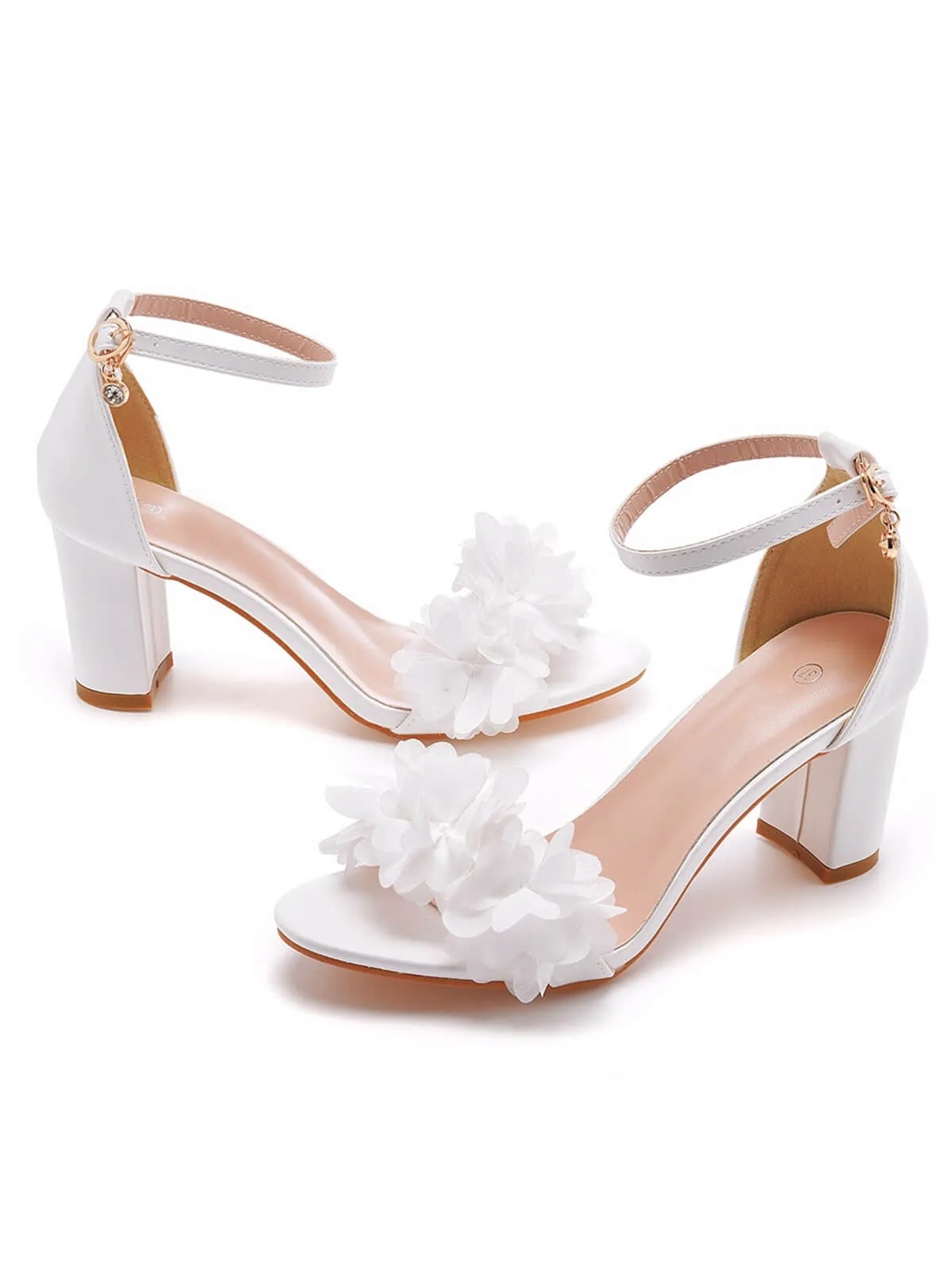 White 3D Flower Chunky Heel Sandals