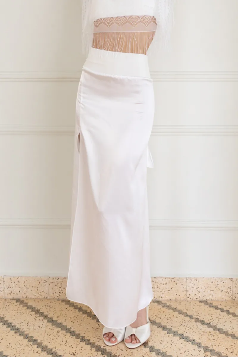 White Satin Maxi Skirt With Back Movement