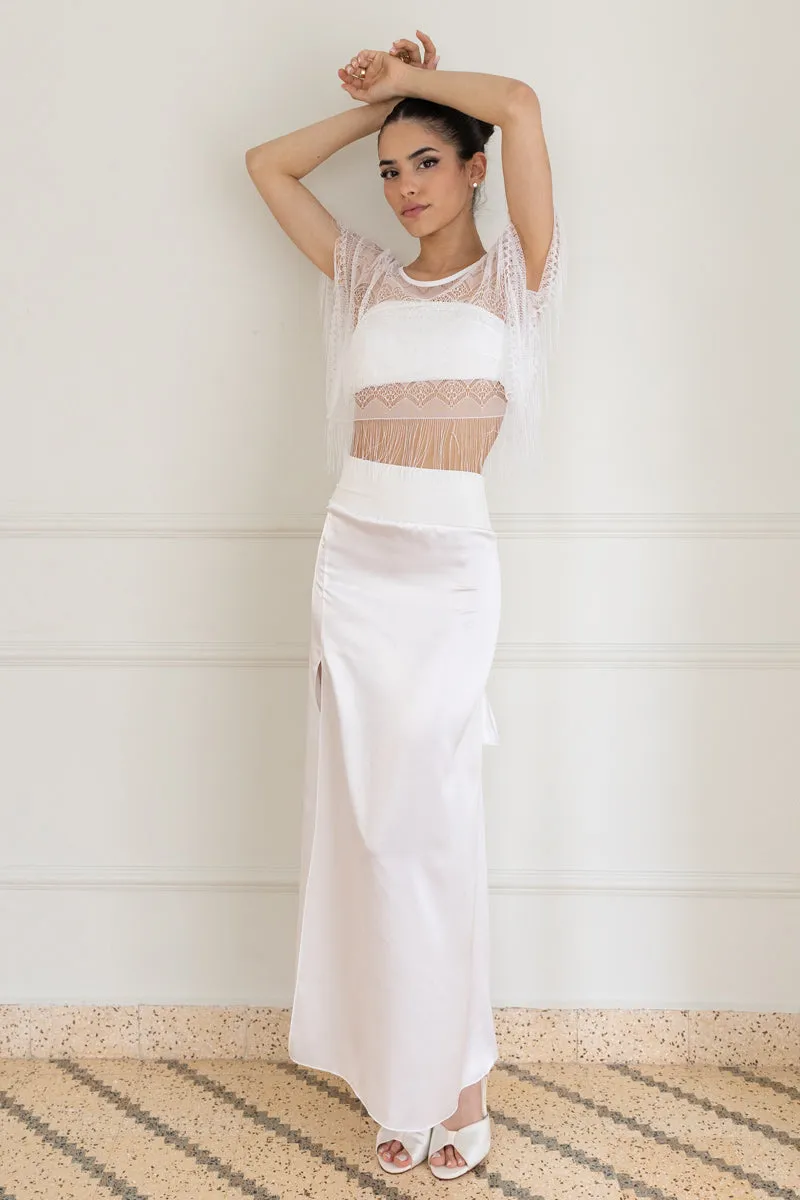 White Satin Maxi Skirt With Back Movement