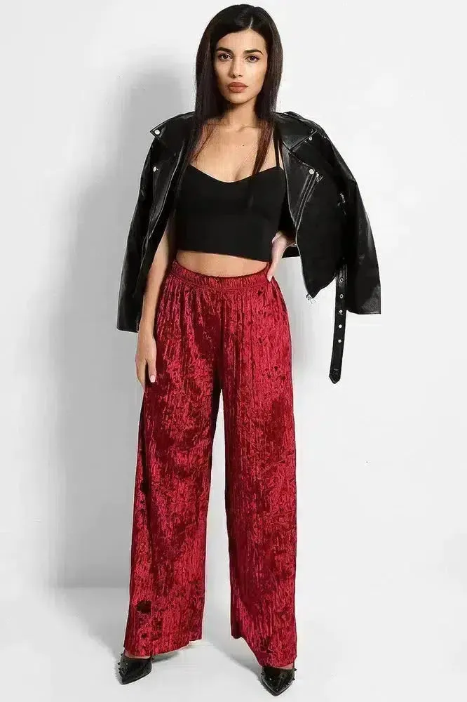 Wine Crushed Pleated Velvet Wide Leg Trousers