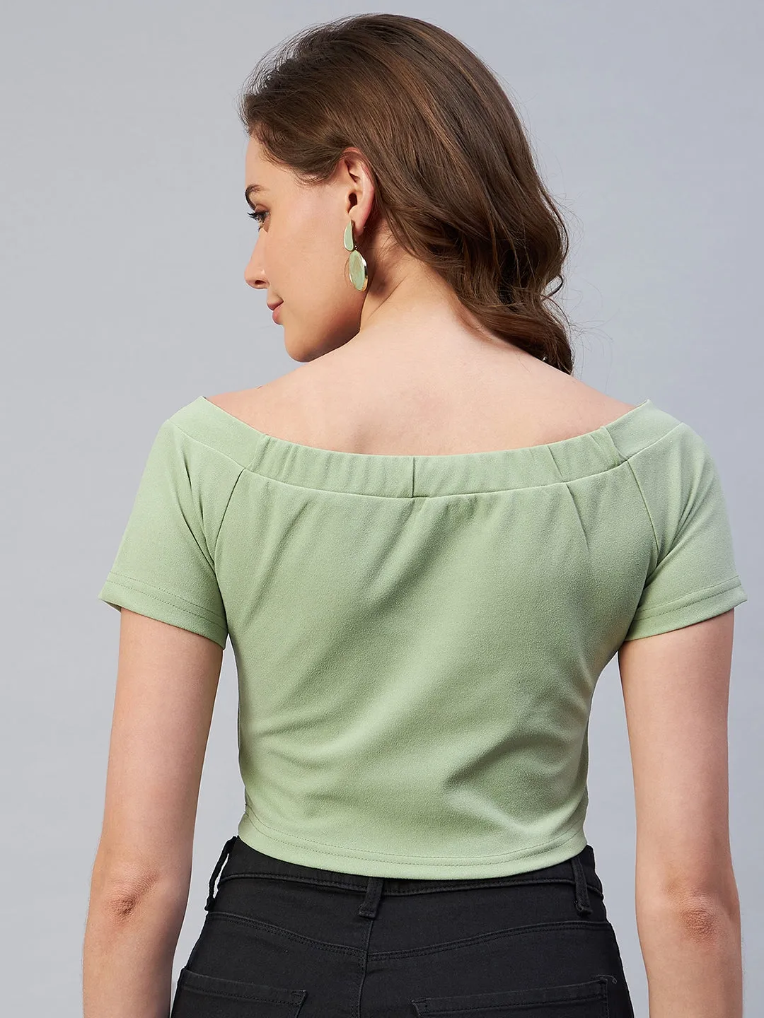 Women Green Colour Off-Shoulder Solid Fitted Top